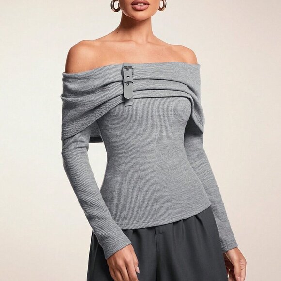 Grey Casual Women's Off-Shoulder Leather buckle Detailed shirt - Picture 4 of 7